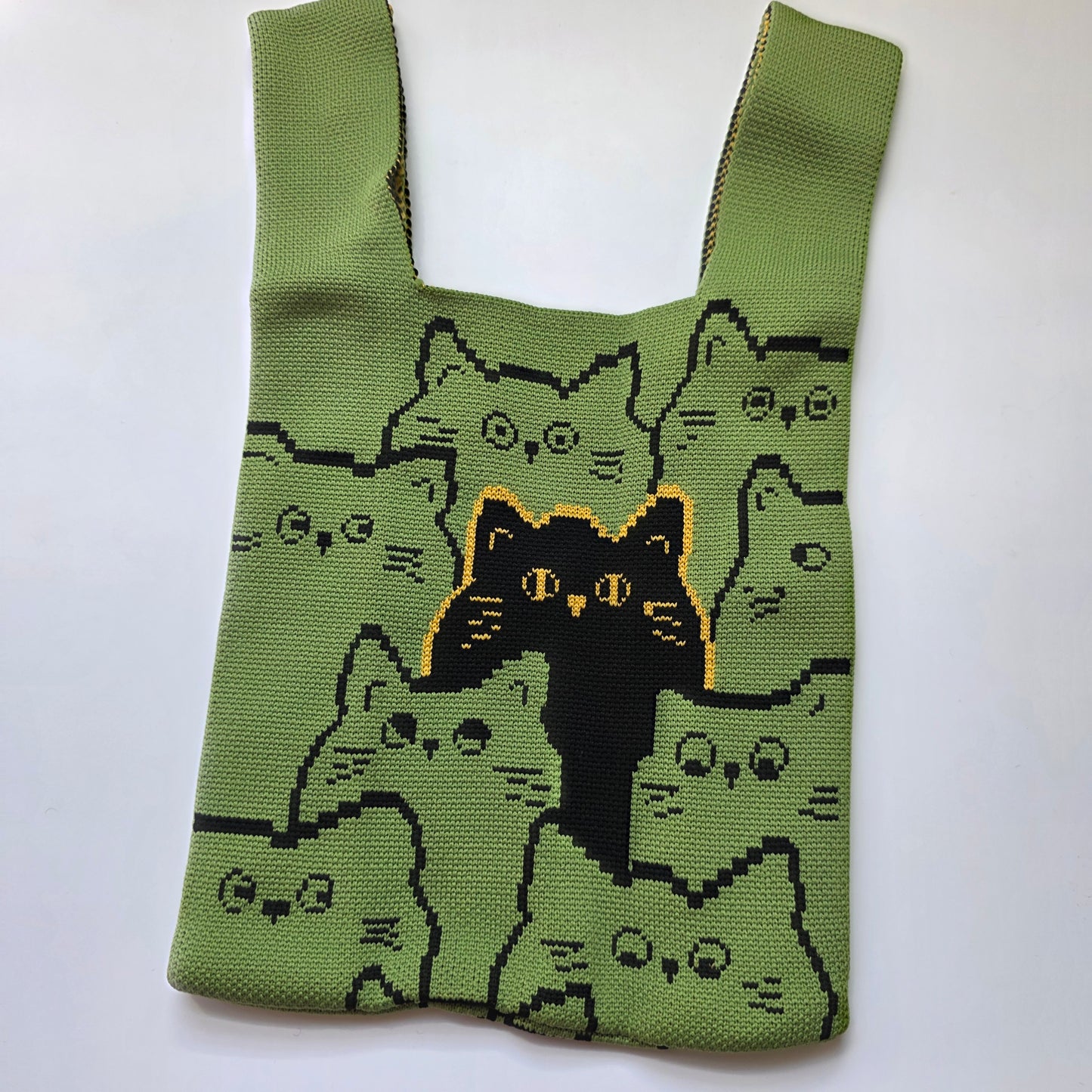 Small Knitted Project Bag Travel Tote Wristlet green cats