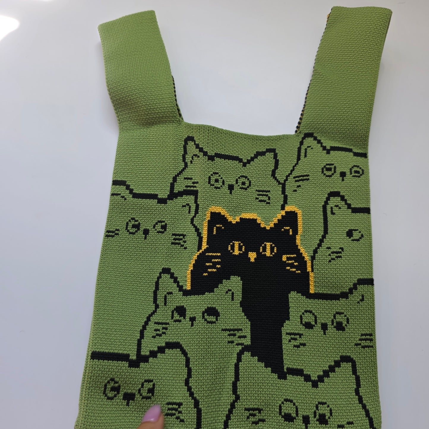 Small Knitted Project Bag Travel Tote Wristlet green cats