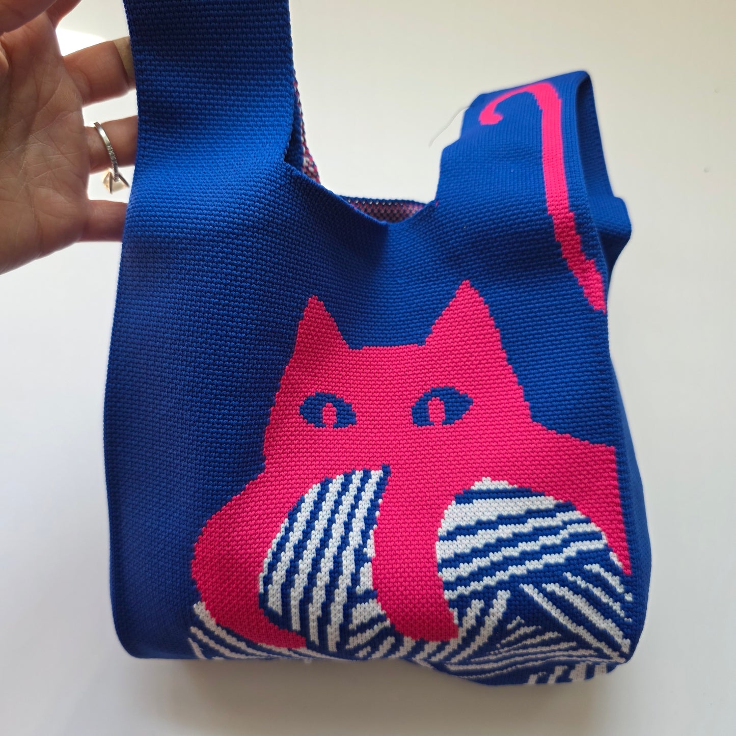 Small Knitted Project Bag Travel Tote Wristlet Blue pink cat yarn ball