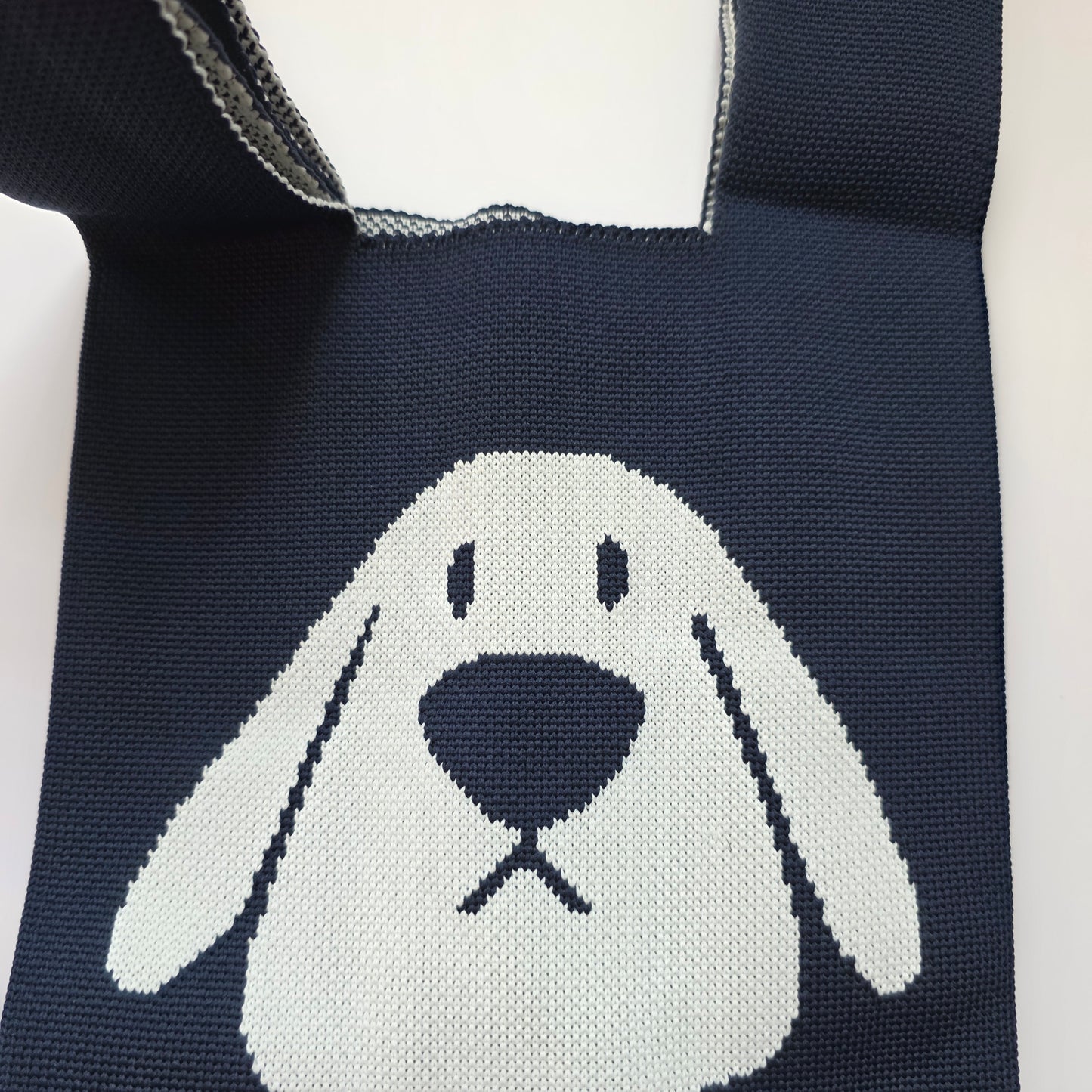 Small Knitted Project Bag Travel Tote Wristlet navy blue dog