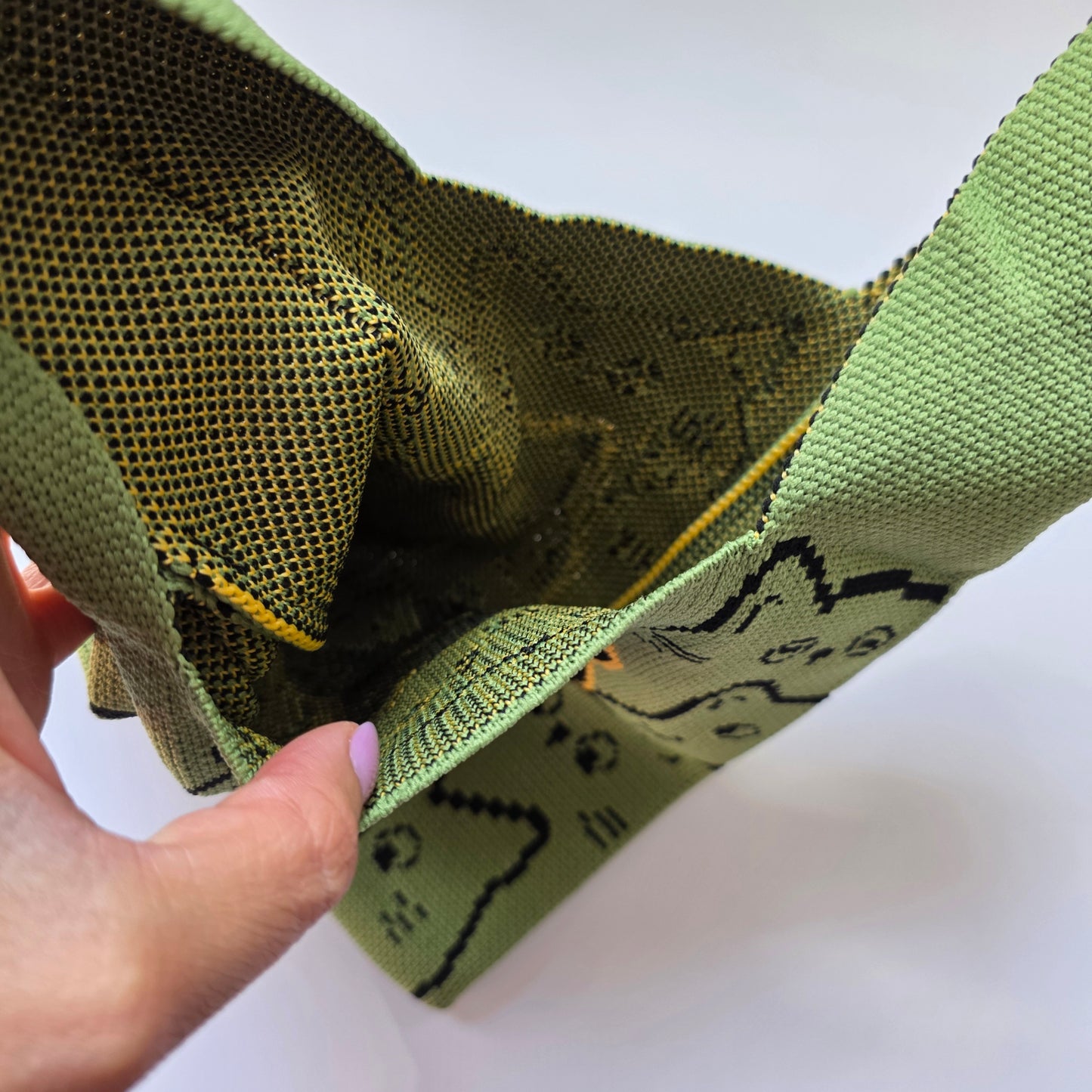 Small Knitted Project Bag Travel Tote Wristlet green cats