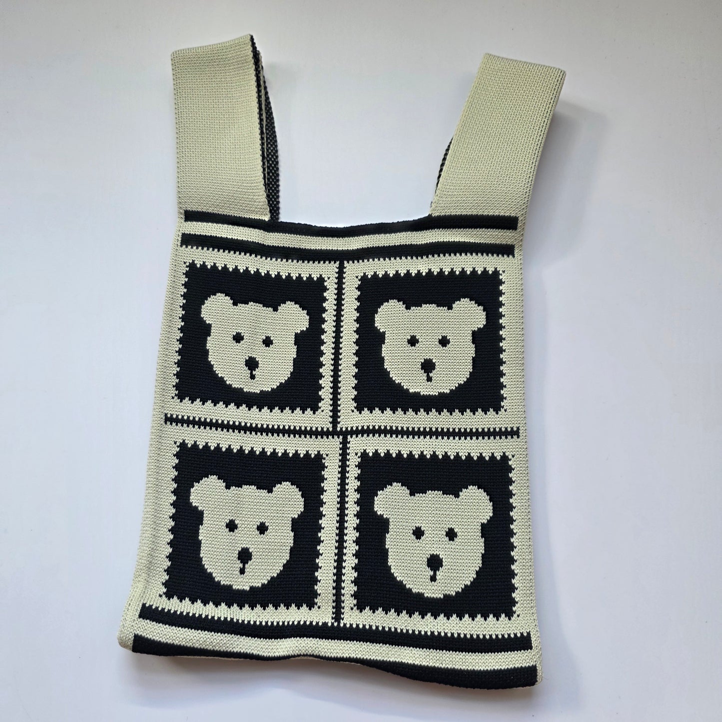Small Knitted Project Bag Travel Tote Wristlet black white teddy bears