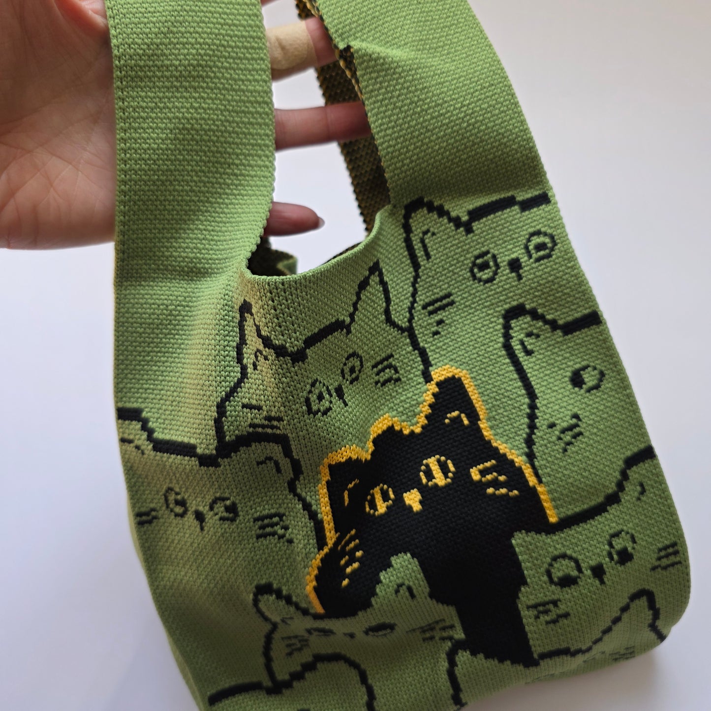 Small Knitted Project Bag Travel Tote Wristlet green cats