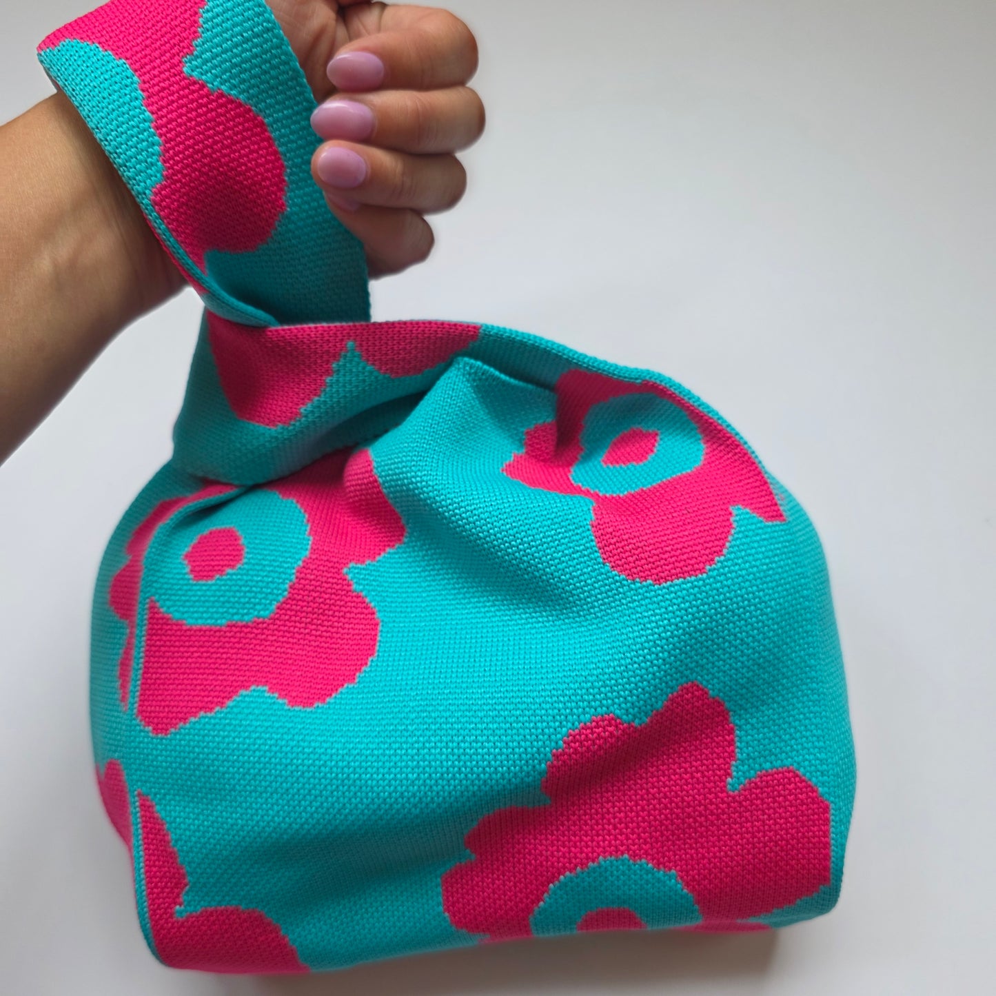 Small Knitted Project Bag Travel Tote Wristlet Turquoise pink flower