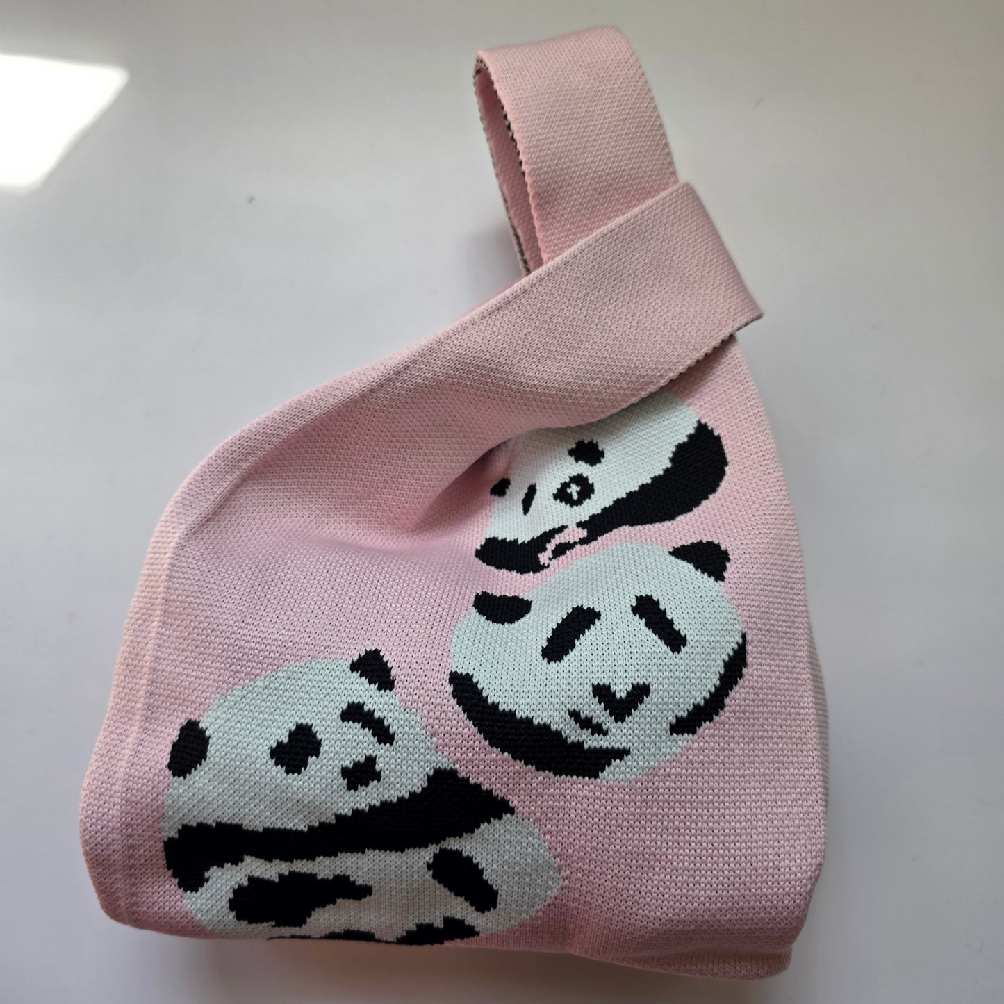 Small Knitted Project Bag Travel Tote Wristlet pink pandas