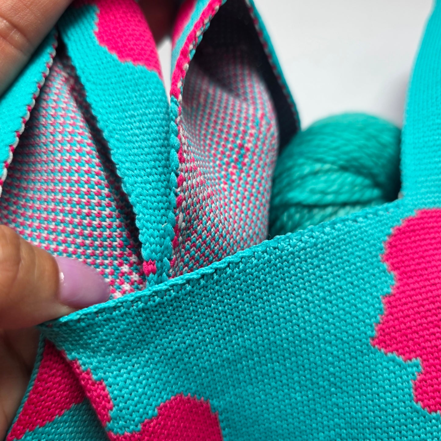 Small Knitted Project Bag Travel Tote Wristlet Turquoise pink flower