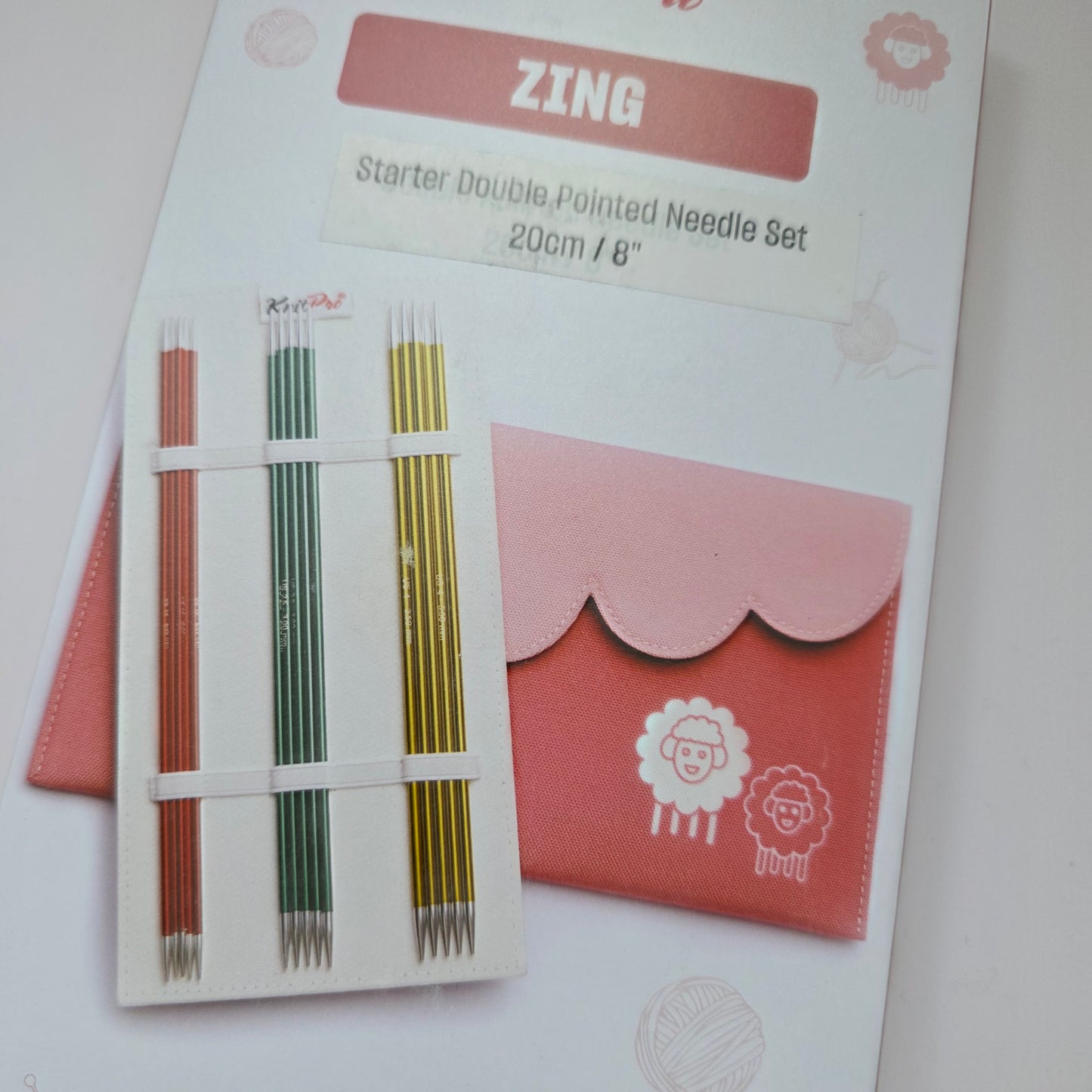 Knitpro Zing DPN set, 8" length, 6 sizes