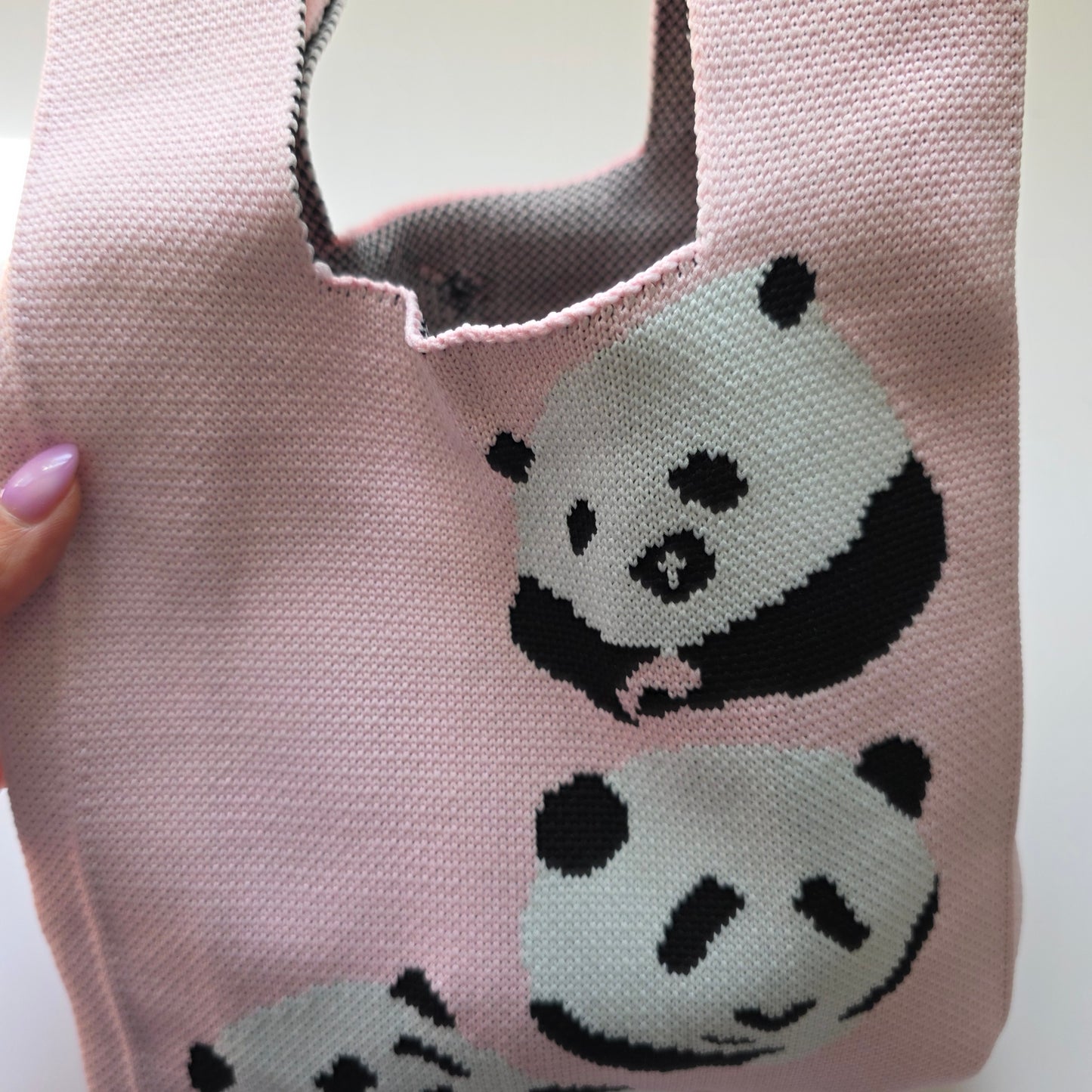 Small Knitted Project Bag Travel Tote Wristlet pink pandas