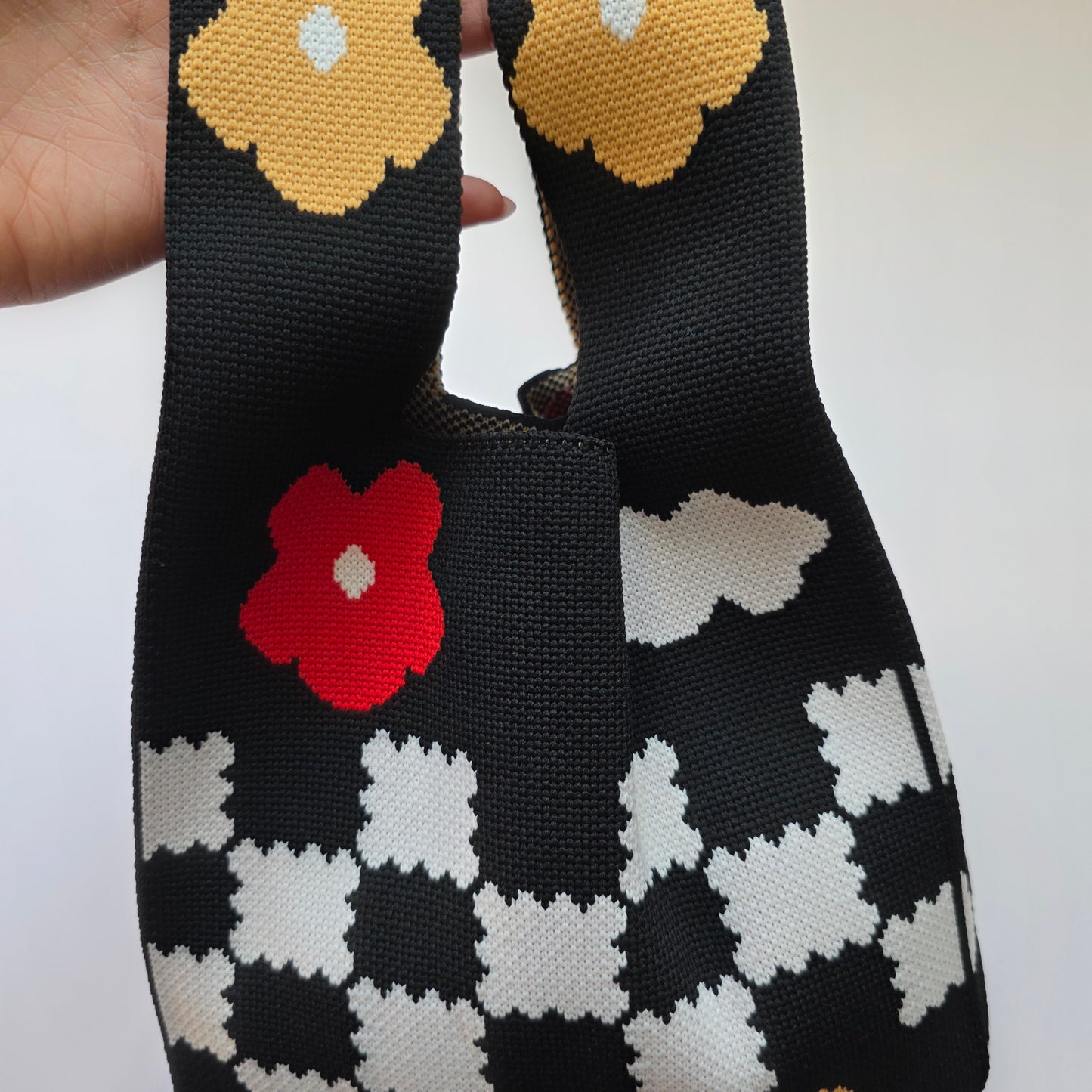 Small Knitted Project Bag Travel Tote Wristlet black white checkered flowers
