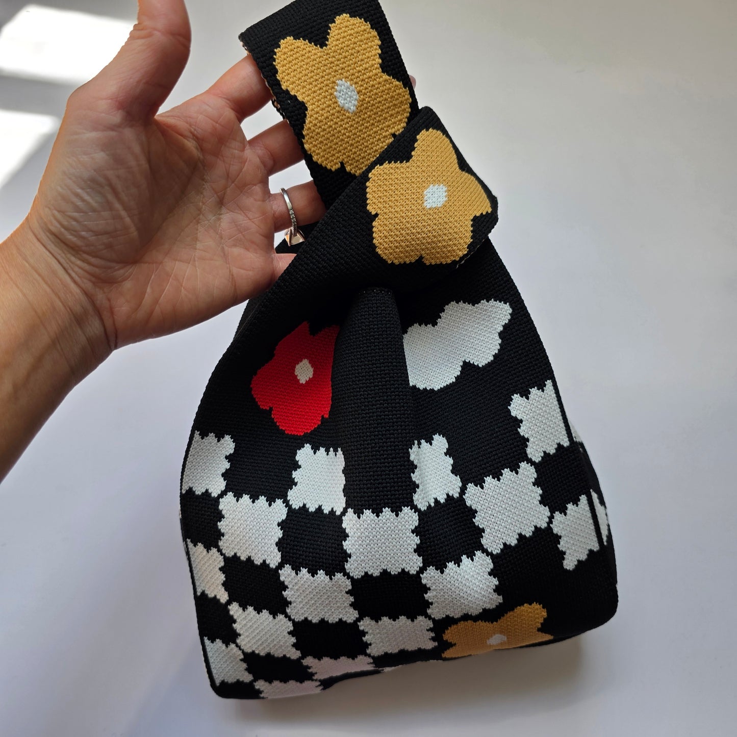 Small Knitted Project Bag Travel Tote Wristlet black white checkered flowers