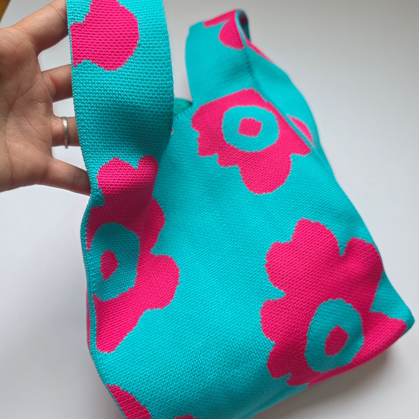 Small Knitted Project Bag Travel Tote Wristlet Turquoise pink flower