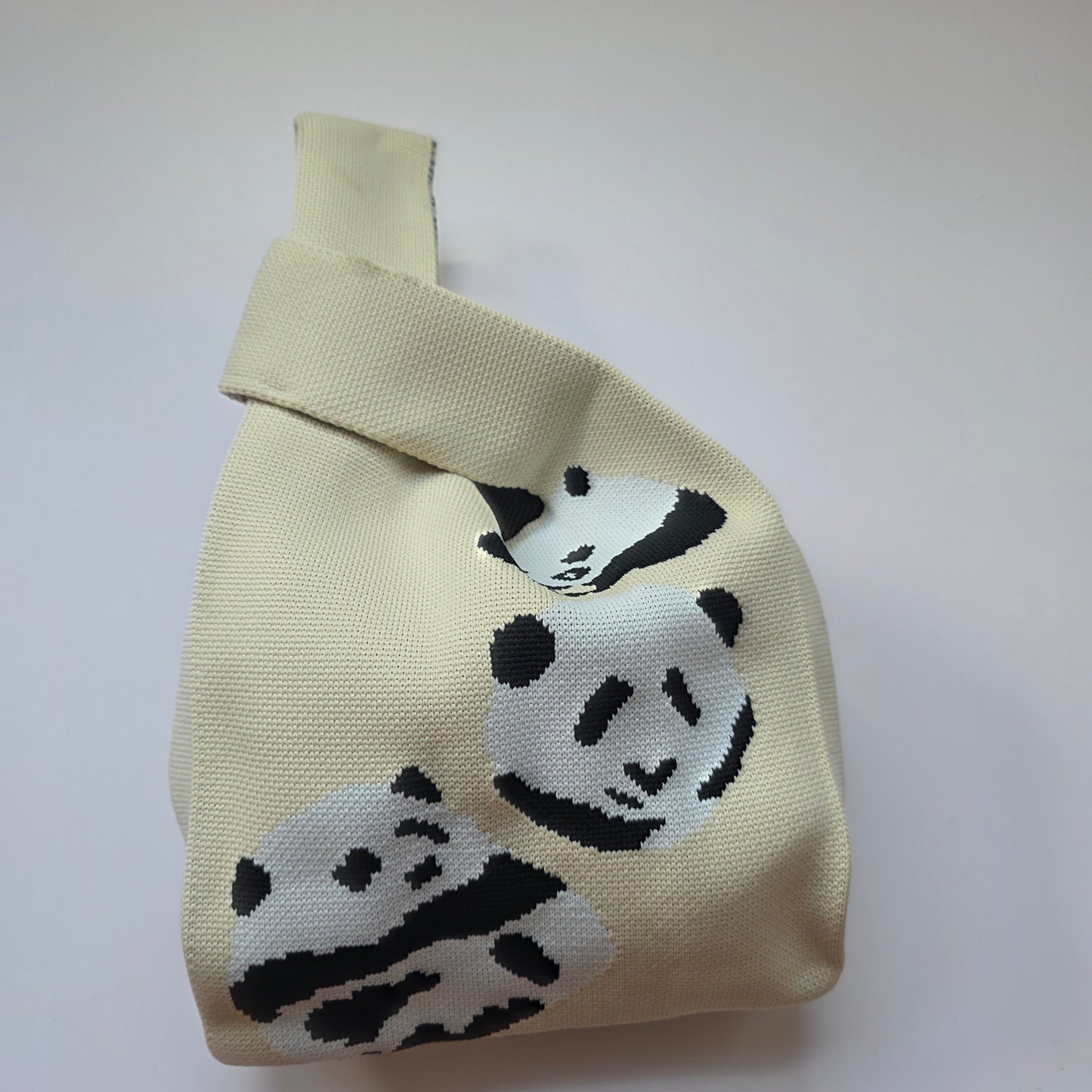 Small Knitted Project Bag Travel Tote Wristlet White pandas