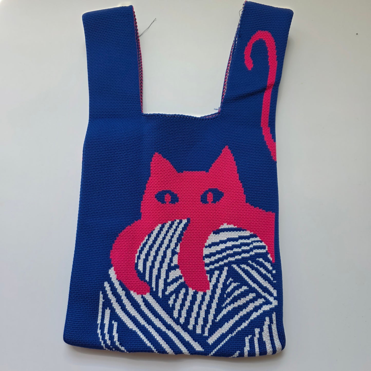 Small Knitted Project Bag Travel Tote Wristlet Blue pink cat yarn ball