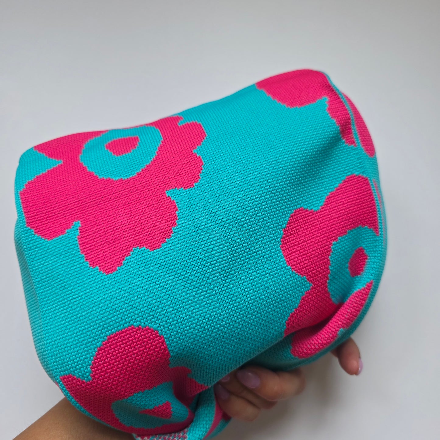 Small Knitted Project Bag Travel Tote Wristlet Turquoise pink flower