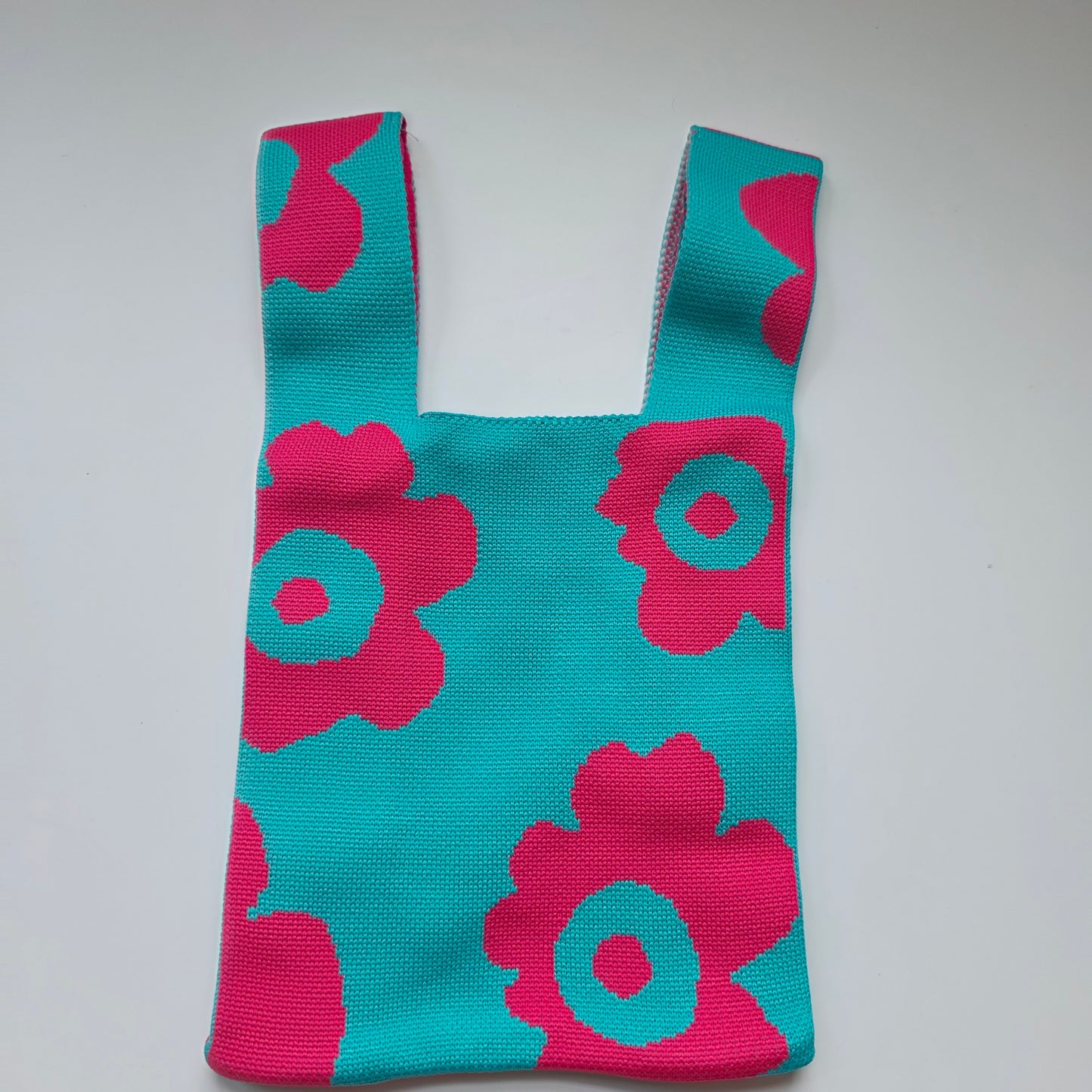 Small Knitted Project Bag Travel Tote Wristlet Turquoise pink flower