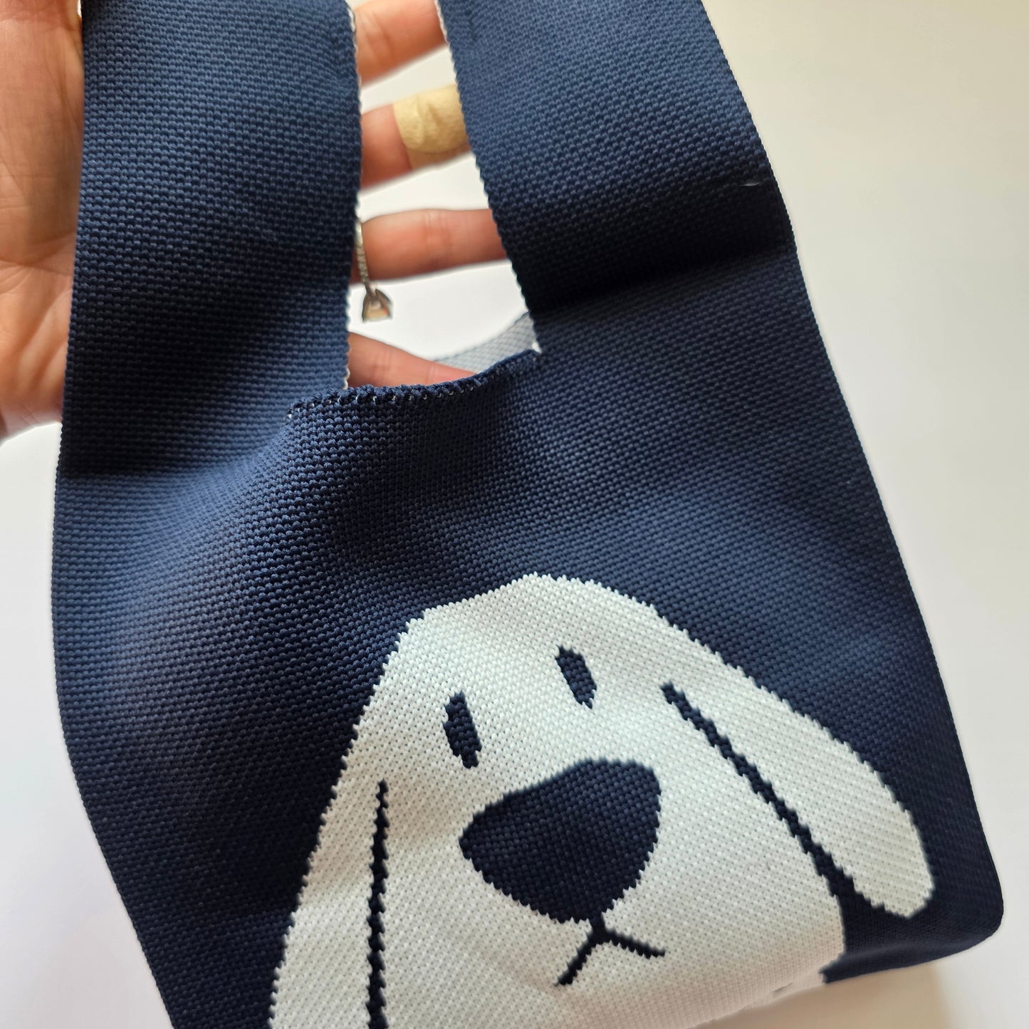 Small Knitted Project Bag Travel Tote Wristlet navy blue dog
