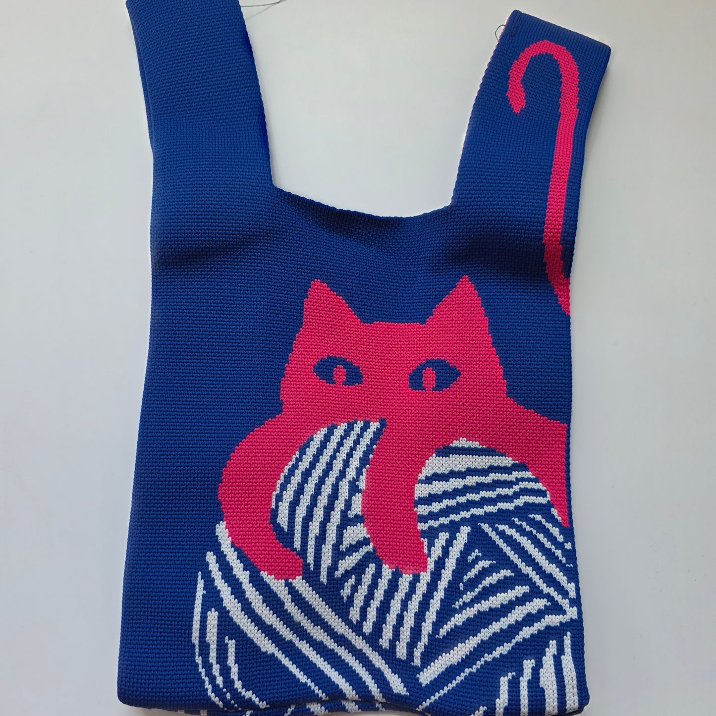 Small Knitted Project Bag Travel Tote Wristlet Blue pink cat yarn ball