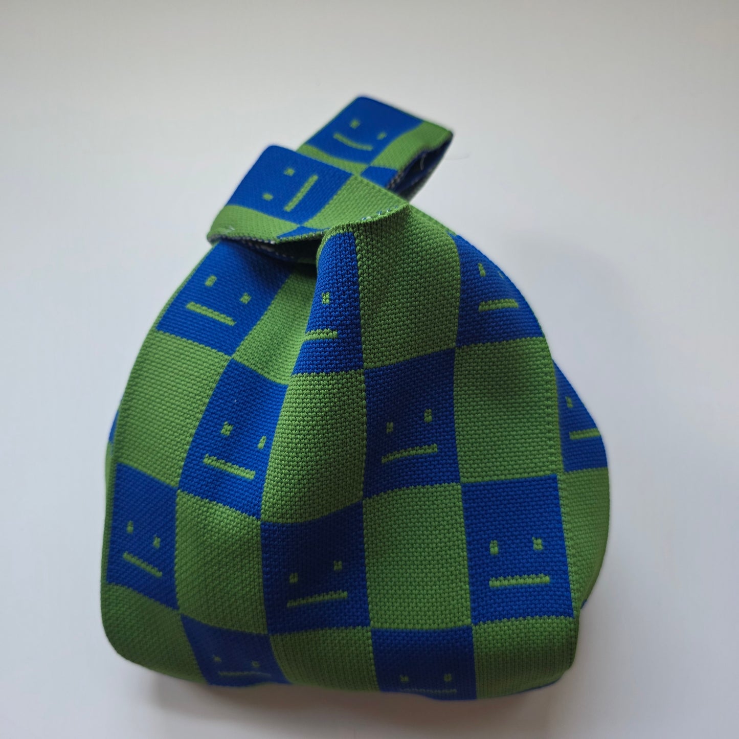 Small Knitted Project Bag Travel Tote Wristlet Blue green checkers