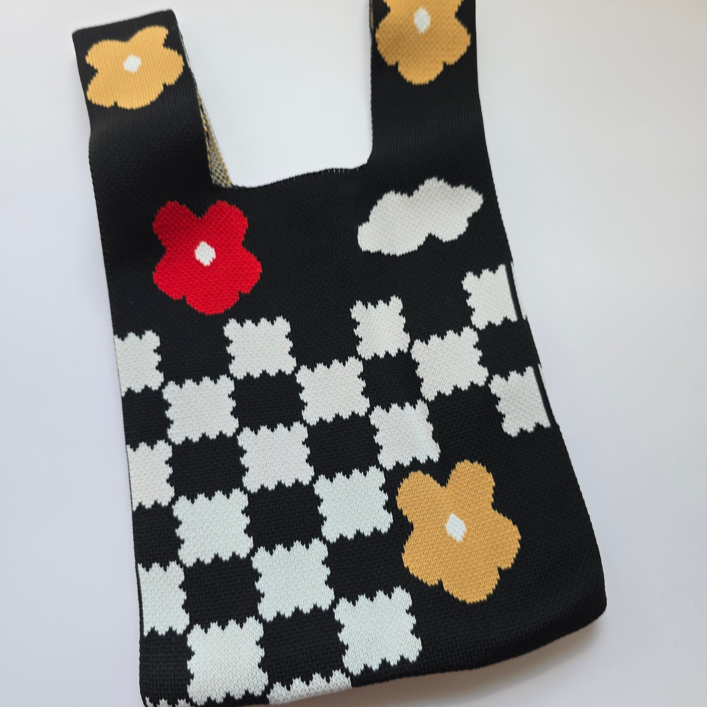Small Knitted Project Bag Travel Tote Wristlet black white checkered flowers