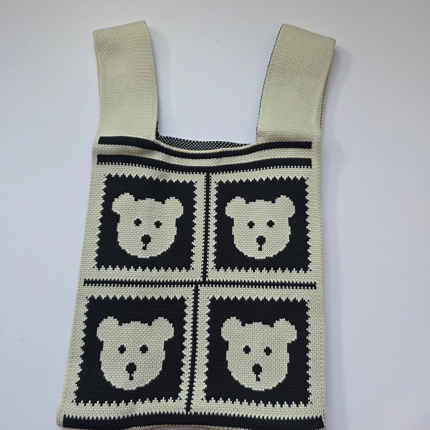 Small Knitted Project Bag Travel Tote Wristlet black white teddy bears