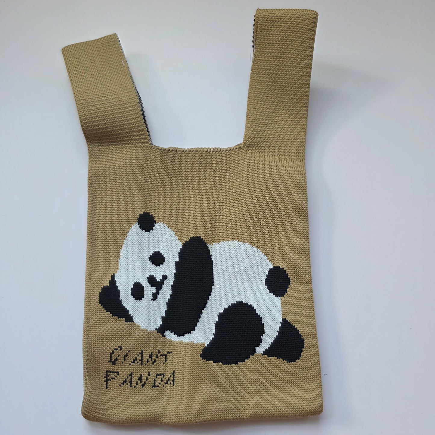 Small Knitted Project Bag Travel Tote Wristlet Biege brown panda