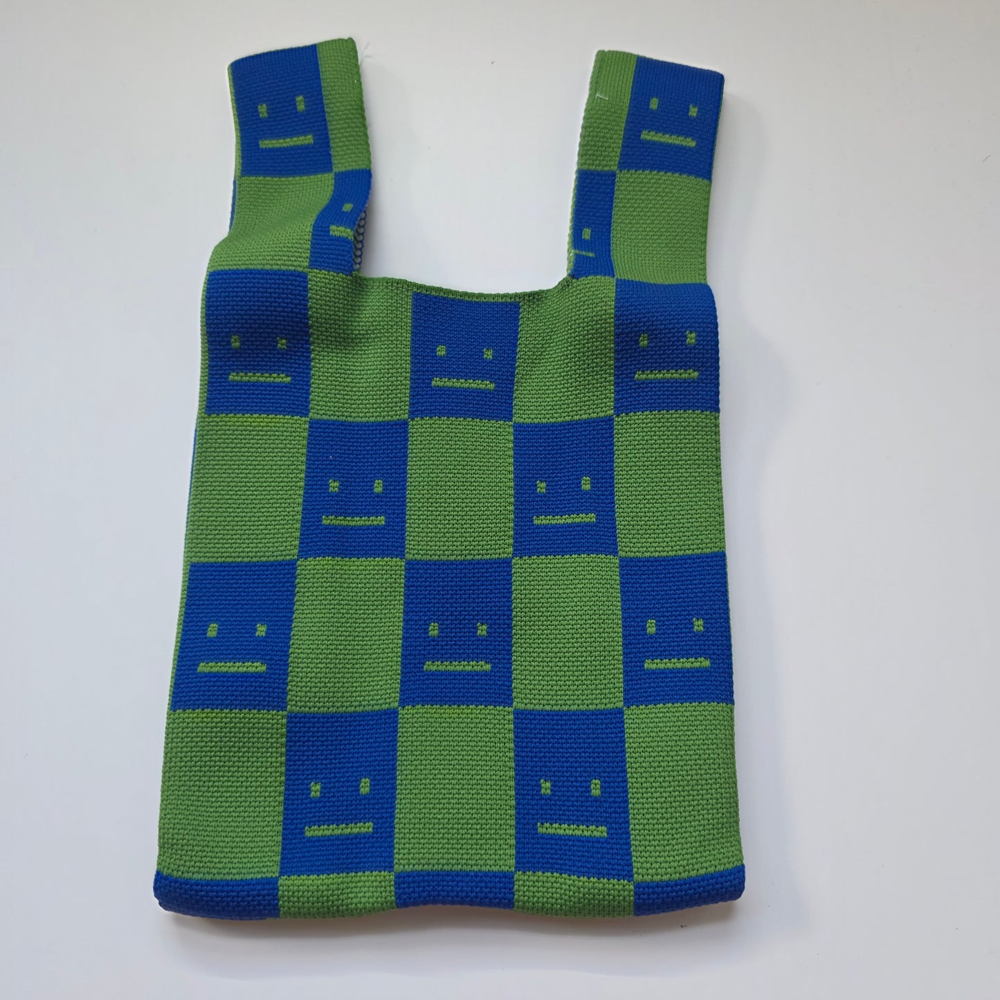 Small Knitted Project Bag Travel Tote Wristlet Blue green checkers