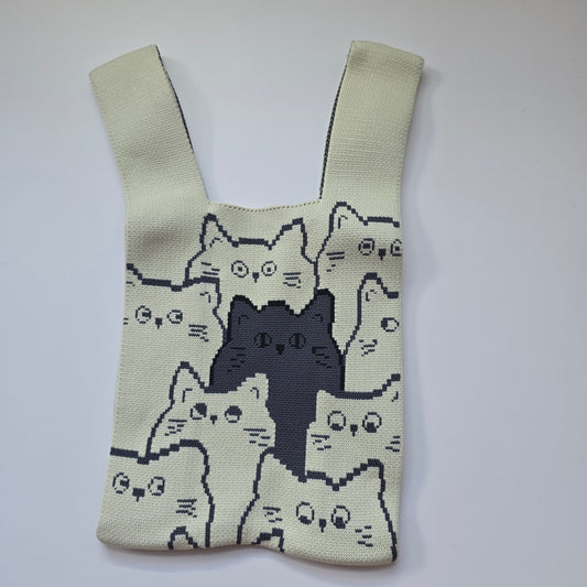 Small Knitted Project Bag Travel Tote Wristlet White gray cats