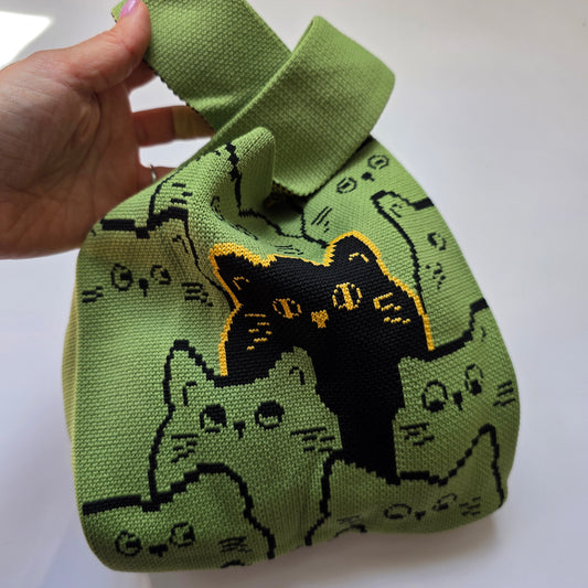 Small Knitted Project Bag Travel Tote Wristlet green cats