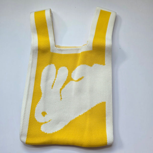 Small Knitted Project Bag Travel Tote Wristlet black white yellow bunny rabbit