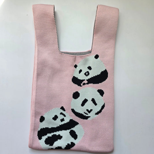 Small Knitted Project Bag Travel Tote Wristlet pink pandas
