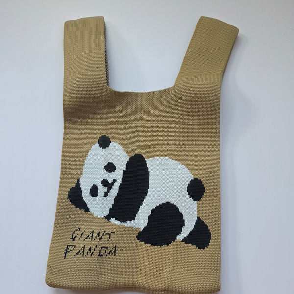 Small Knitted Project Bag Travel Tote Wristlet Biege brown panda