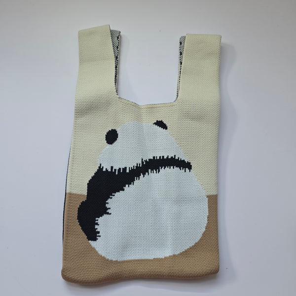 Small Knitted Project Bag Travel Tote Wristlet black white Biege panda