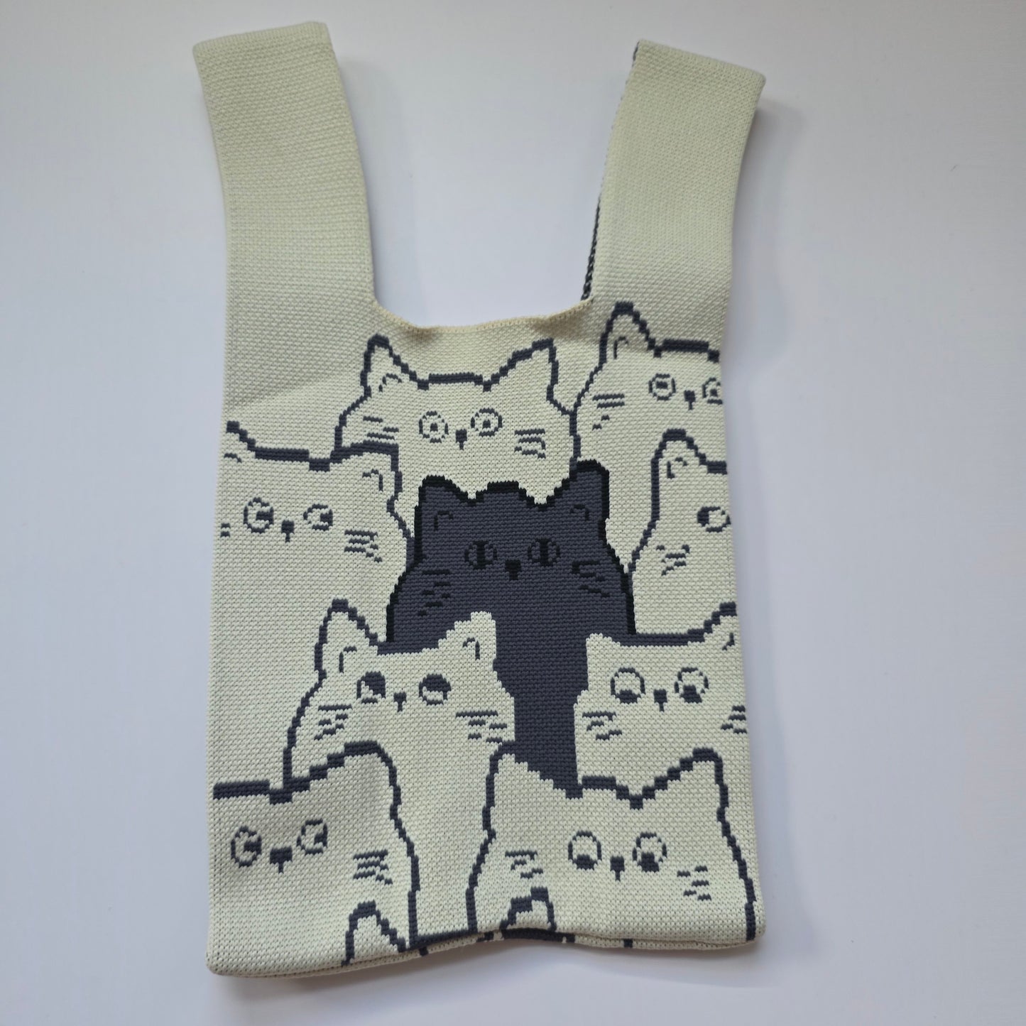 Small Knitted Project Bag Travel Tote Wristlet White gray cats