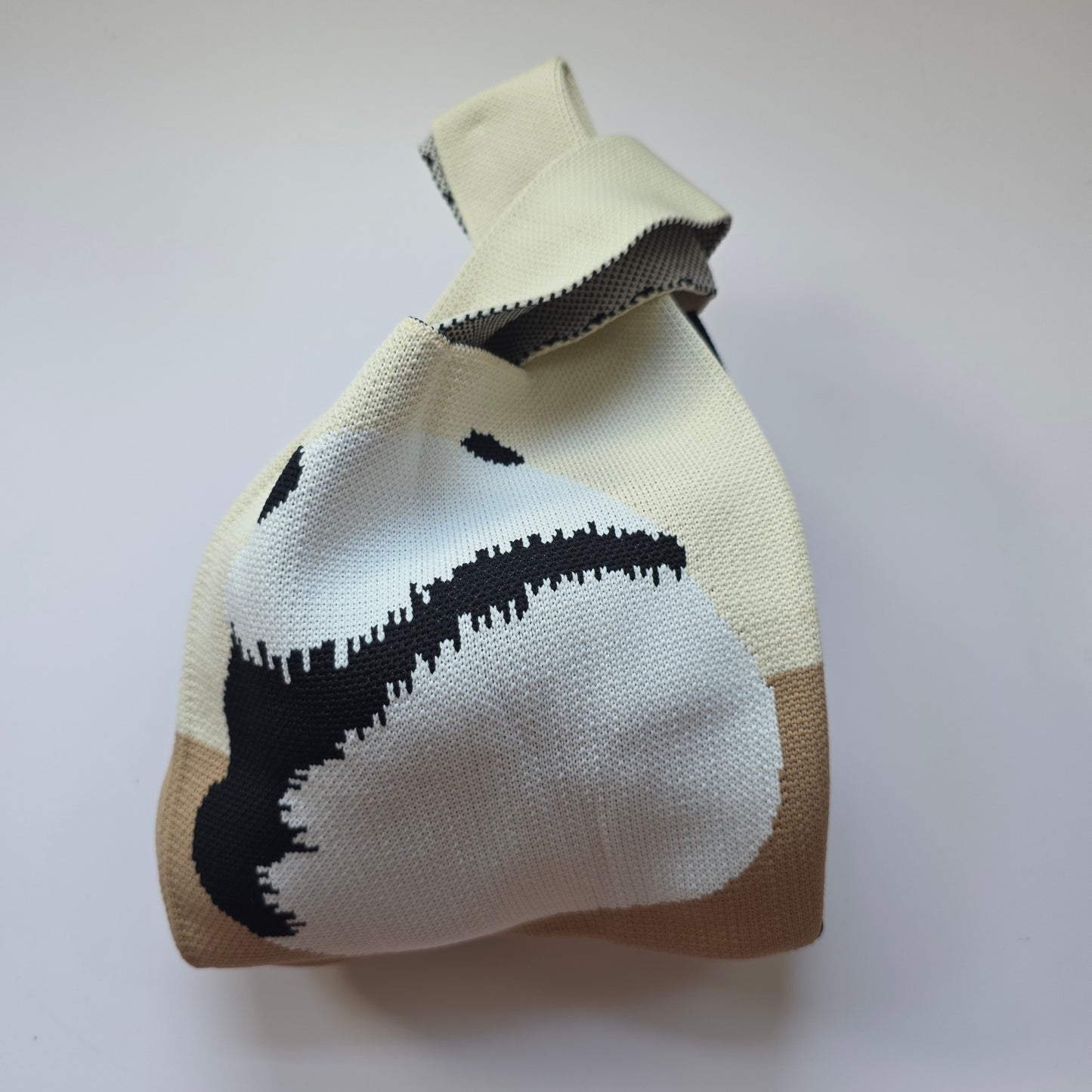 Small Knitted Project Bag Travel Tote Wristlet black white Biege panda