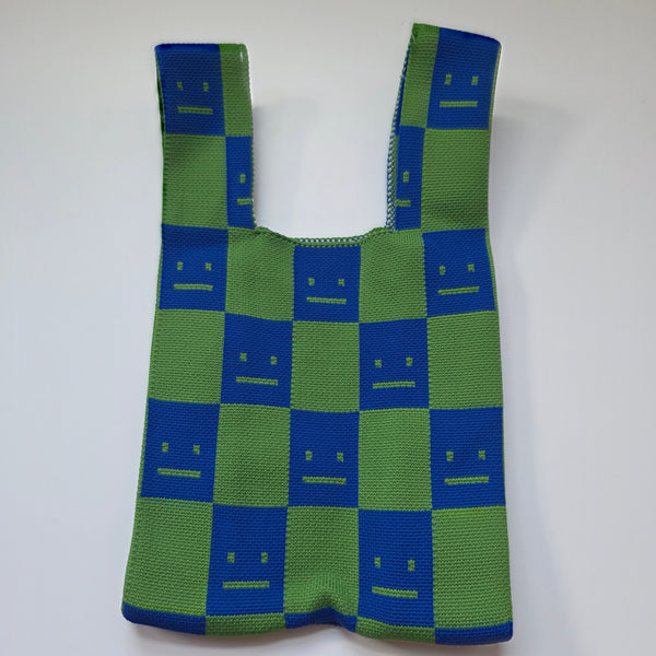 Small Knitted Project Bag Travel Tote Wristlet Blue green checkers