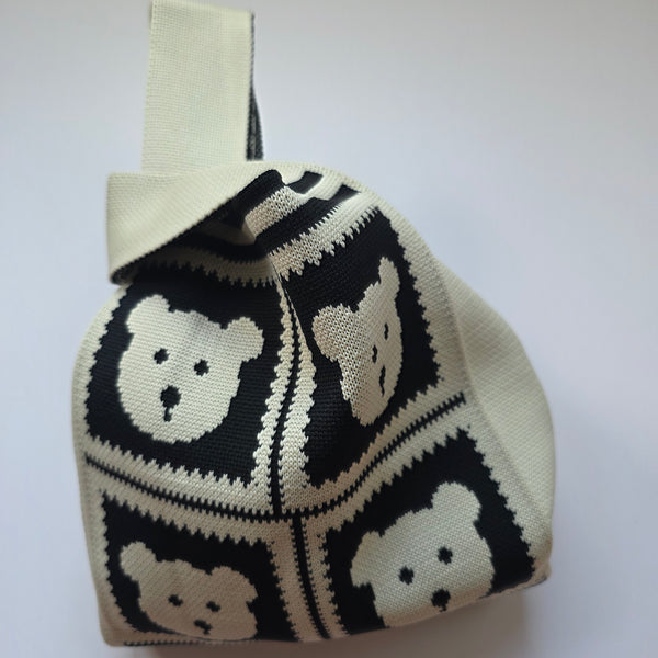 Small Knitted Project Bag Travel Tote Wristlet black white teddy bears