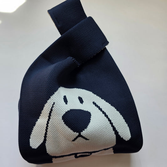 Small Knitted Project Bag Travel Tote Wristlet navy blue dog