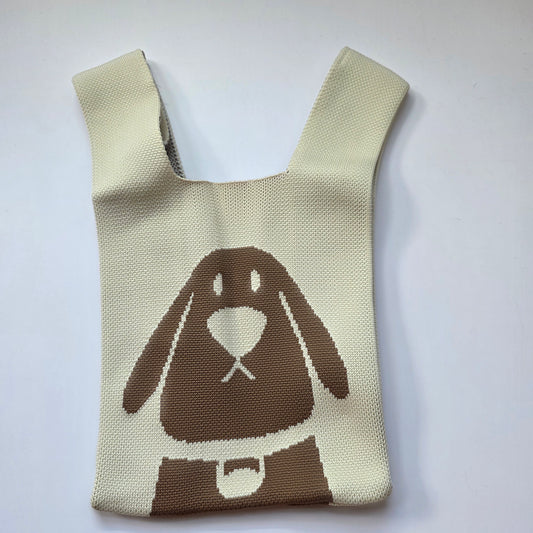 Small Knitted Project Bag Travel Tote Wristlet brown dog
