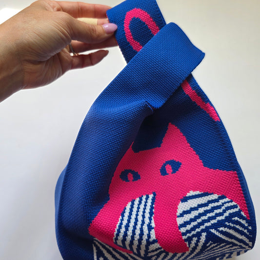 Small Knitted Project Bag Travel Tote Wristlet Blue pink cat yarn ball