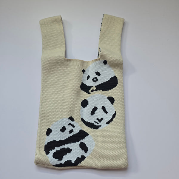 Small Knitted Project Bag Travel Tote Wristlet White pandas