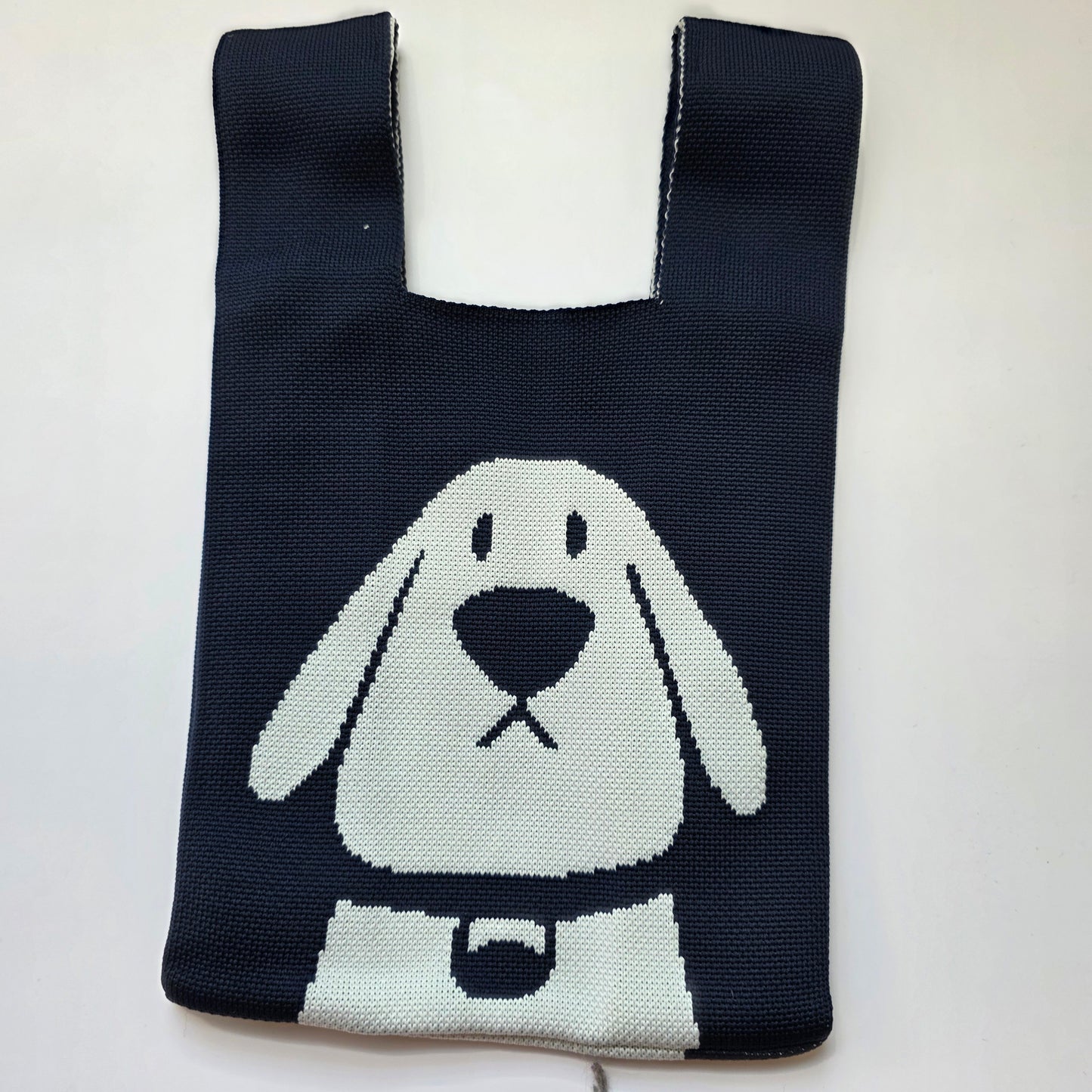 Small Knitted Project Bag Travel Tote Wristlet navy blue dog