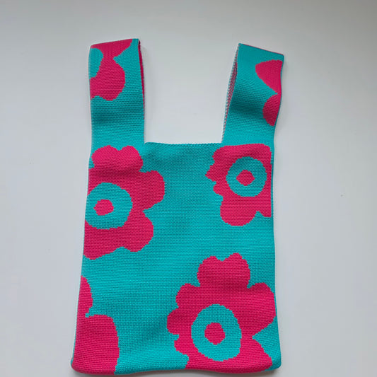 Small Knitted Project Bag Travel Tote Wristlet Turquoise pink flower