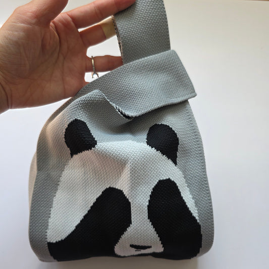 Small Knitted Project Bag Travel Tote Wristlet black white gray panda