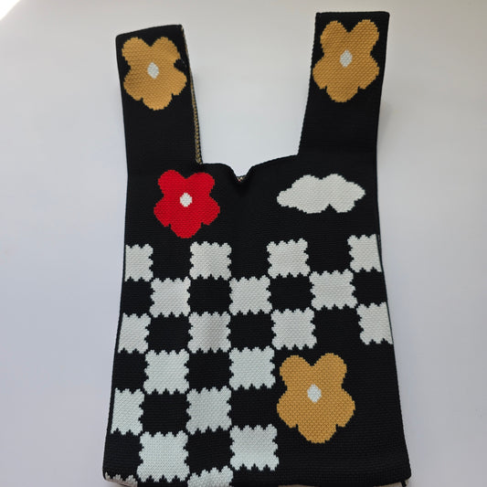 Small Knitted Project Bag Travel Tote Wristlet black white checkered flowers