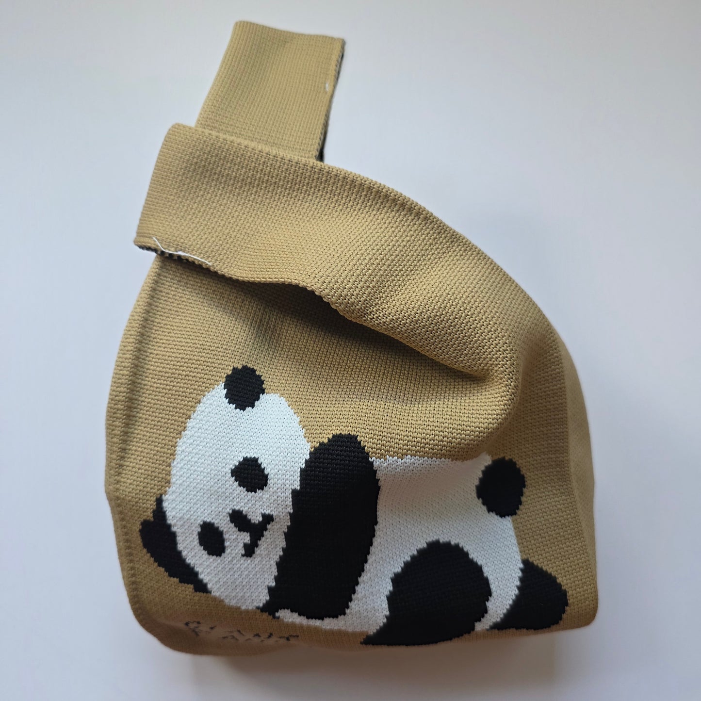 Small Knitted Project Bag Travel Tote Wristlet Biege brown panda