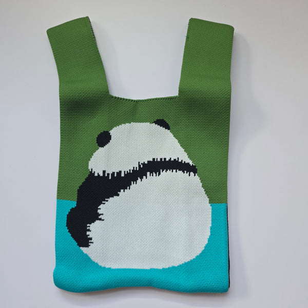 Small Knitted Project Bag Travel Tote Wristlet Green turquoise panda